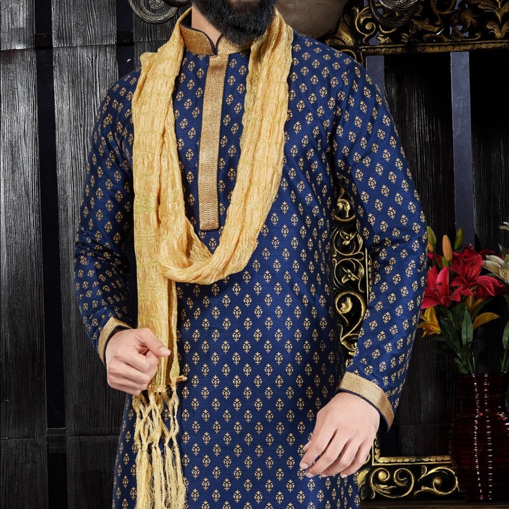 Navy and Gold Art Silk Kurta Pyjamas